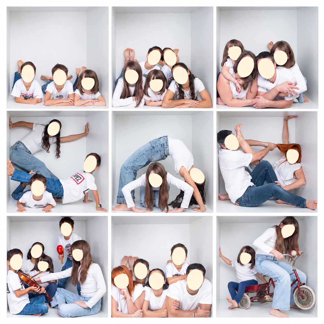 Montage familial In the Box en neuf cases, visages masqués